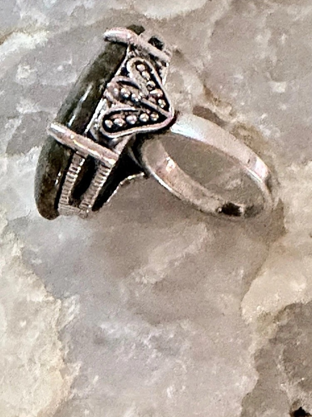 Vintage Artisan Silver Statement Ring, Dark Mottled Green Cabochon Stone,6.5